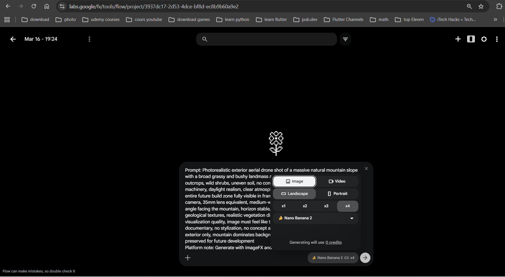 Pasting the image prompt into Google Flow ImageFX with Nano Banana 2 model