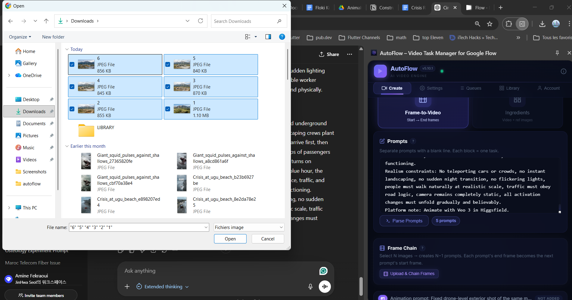 File picker showing 6 JPEG images being selected for Frame Chain upload