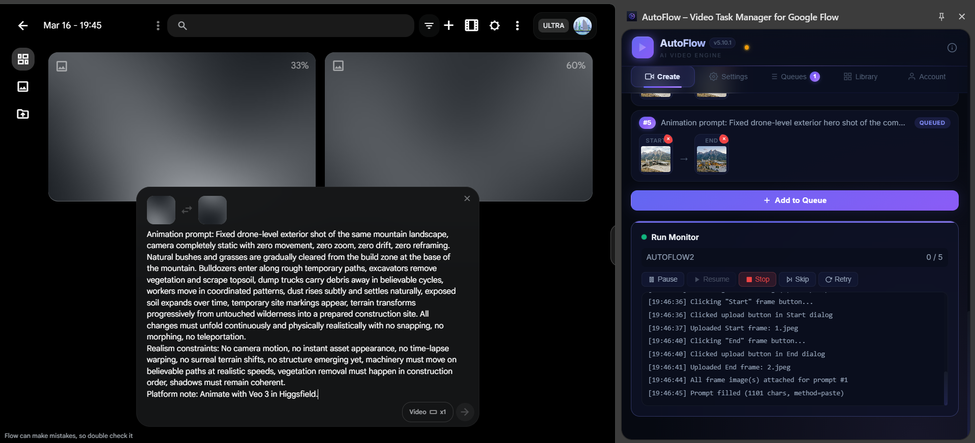 AutoFlow showing queue complete: 5/5 done, 0 failed, all construction videos generated