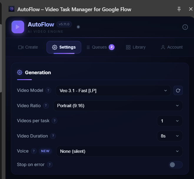 AutoFlow Settings Tab
