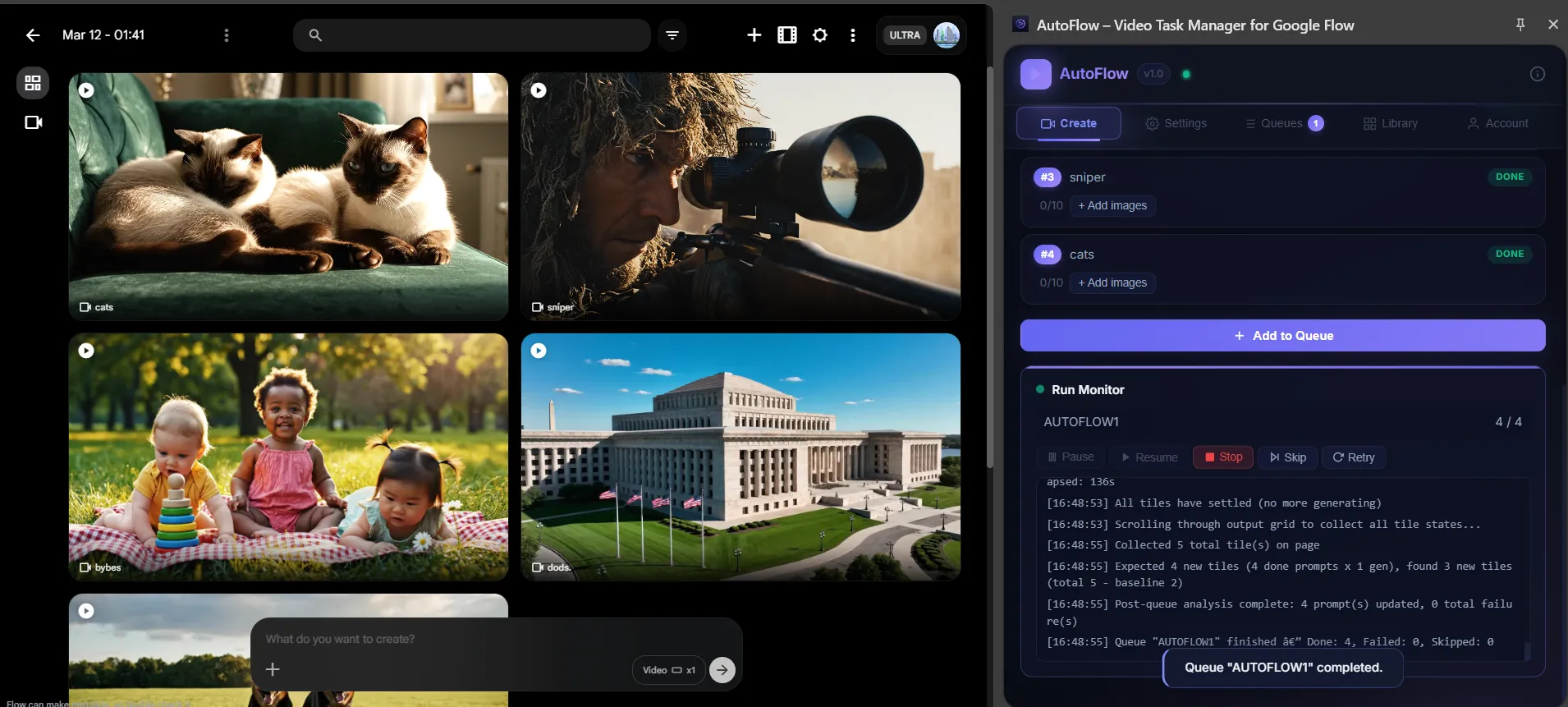 AutoFlow running alongside Google Flow — queue completed with generated videos