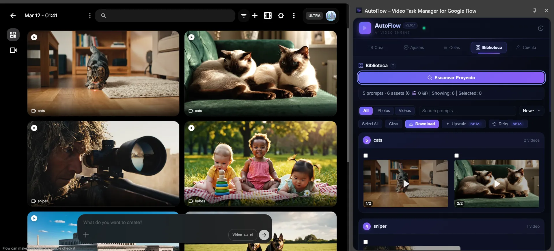 AutoFlow Library showing scanned videos grouped by prompt — cats, sniper, babies — with select and download controls