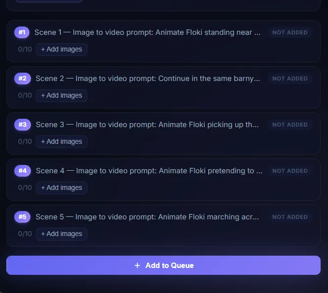 5 parsed prompts ready to be queued